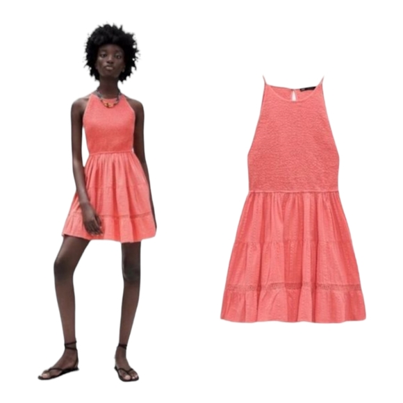 NEW Zara Coral Pink High Neck Halter Dress - Picture 7 of 10